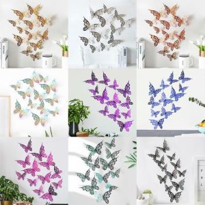 Ornaments |   12 Pcs/Set 3D  Hollow  Butterflying  Series  Decorative  Wall  Stickers Diy Art Colorful Festival Party Wall Decals Ornaments black