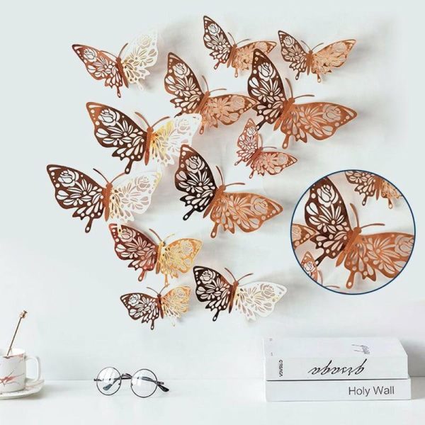 Ornaments |   12Pcs/Set 3D Butterfly Art Decal Wall Stickers/Magnetic Home Decor Room Decor Ornaments gold