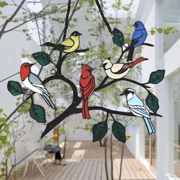 Statues & Sculptures |   Multicolor Birds On A Wire High Stained Suncatcher Window Panel Bird Series Statues & Sculptures as the picture