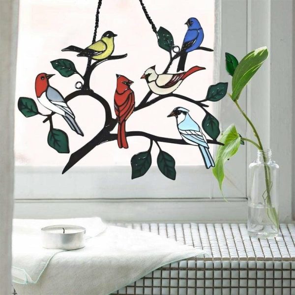 Statues & Sculptures |   Multicolor Birds On A Wire High Stained Suncatcher Window Panel Bird Series Statues & Sculptures as the picture