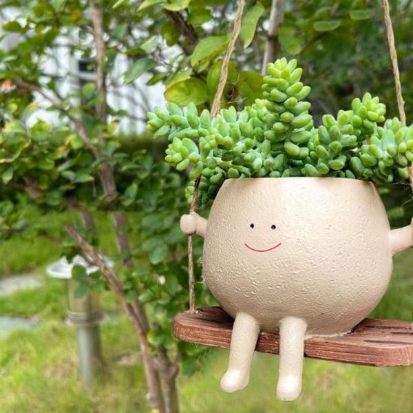 Vases |   Flower Pot Cute Face Design Swing Plant Pot Versatile Durable Hanging Planter For Home Garden Decoration Vases beige