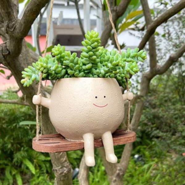 Vases |   Flower Pot Cute Face Design Swing Plant Pot Versatile Durable Hanging Planter For Home Garden Decoration Vases beige