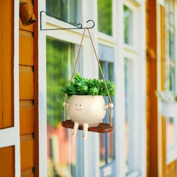 Vases |   Flower Pot Cute Face Design Swing Plant Pot Versatile Durable Hanging Planter For Home Garden Decoration Vases beige