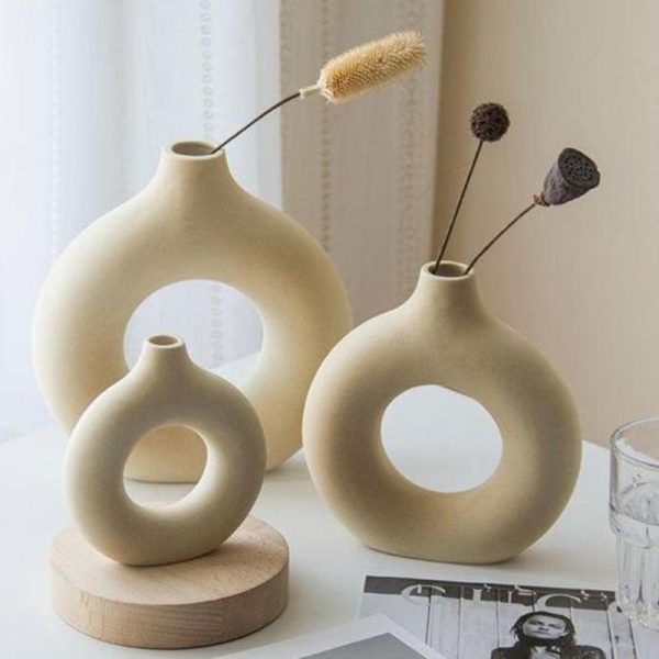 Vases |   Flower Vase Fine Workmanship Elegent Style Wide Application Ceramic Decorative Doughnut Party Shape Planter Gifts Household For Household Decoration Vases beige