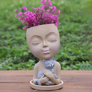 Vases |   Flowerpot Decorative Carved Nordic Style Girl Hug Cat Shape Creative Diy Resin Girl Holding Cat Gardening Pot Balcony Supplies Vases beige