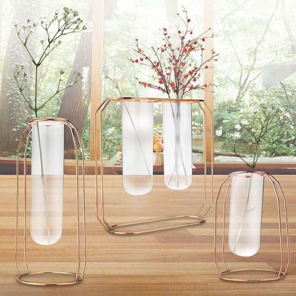 Vases |   Glass Tube Plant Pot Hanging Vase Metal Stand Flower Bottle Container Hydroponic Container Terrarium Vases gold