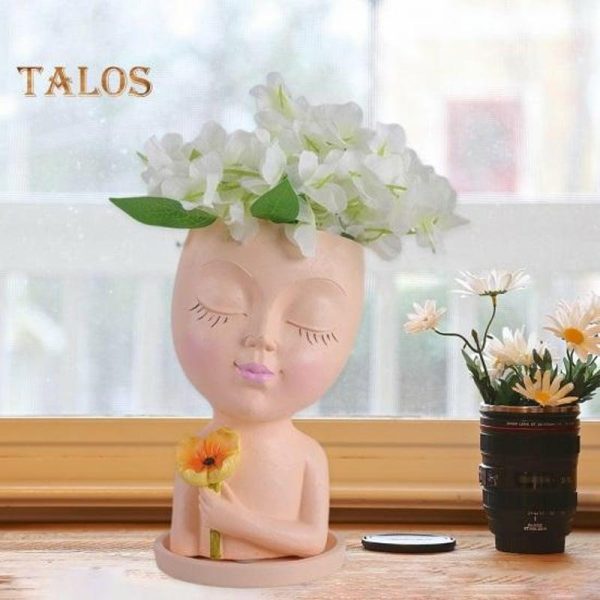 Vases |   Planters Pot Vivid Appearance Ornamental Corrosion Resistant Fancy Cute Girls Head Face Shape Resin Flower Pot Home Supplies Vases beige