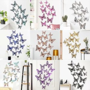 Wall Stickers |   12 Pcs/Set 3D  Hollow  Butterflying  Series  Decorative  Wall  Stickers Diy Art Pearlescent Home Decor Wall Decals Wall Stickers black