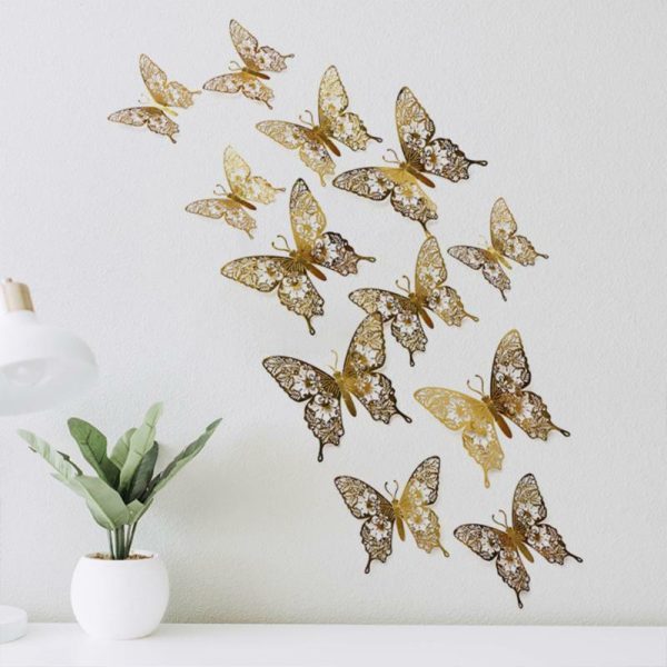 Wall Stickers |   12 Pcs/Set 3D  Hollow  Butterflying  Series  Decorative  Wall  Stickers Diy Art Pearlescent Home Decor Wall Decals Wall Stickers black