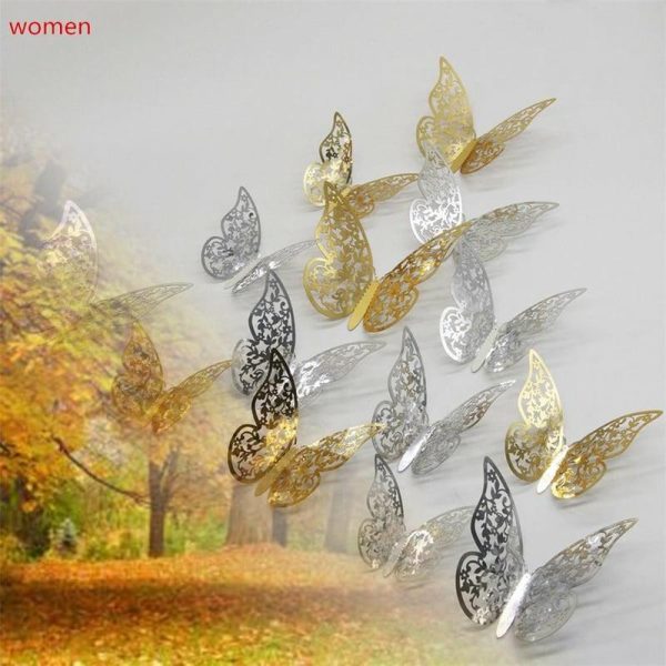 Wall Stickers |   12Pcs Butterfly Silver Mirror Decoration Home Room Art 3D Diy Wall Stickers Wall Stickers gold