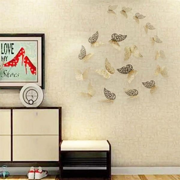 Wall Stickers |   12Pcs Butterfly Silver Mirror Decoration Home Room Art 3D Diy Wall Stickers Wall Stickers gold