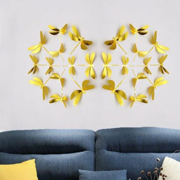 Wall Stickers |   12Pcs/Set Wall Stickers Dragonfly Pattern Removable Paper Diy Tv Background Wall Stickers golden