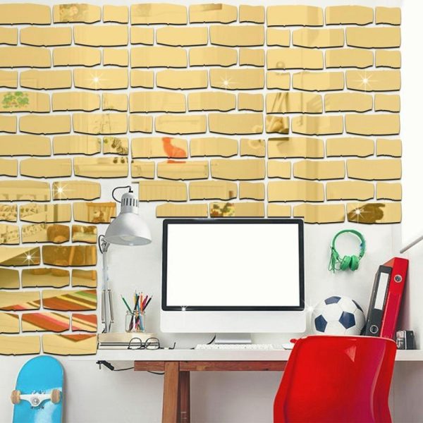 Wall Stickers |   24Pcs Removable Mirror Brick Wall Sticker Decal Self Adhesive Home Room Art Decor Wall Stickers gold