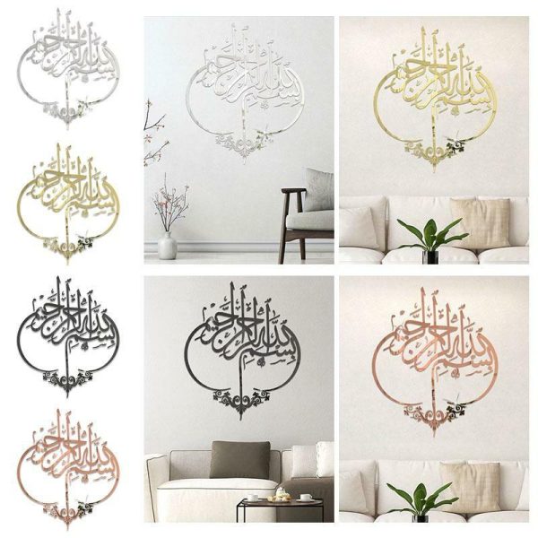 Wall Stickers |   3D Acrylic Mirror Wall Decoration Sticker Islamic Muslim Scripture Calligraphy Muslim Wall Art Quotes Home Decor Mural Wall Stickers black