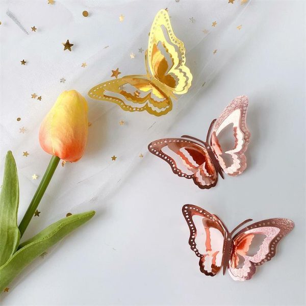 Wall Stickers |   3D Hollow Layered Butterfly Wall Stickers Golden Decorative Butterflies For Home Decor Fridge Diy Party Wedding Sticker Wall Stickers gold