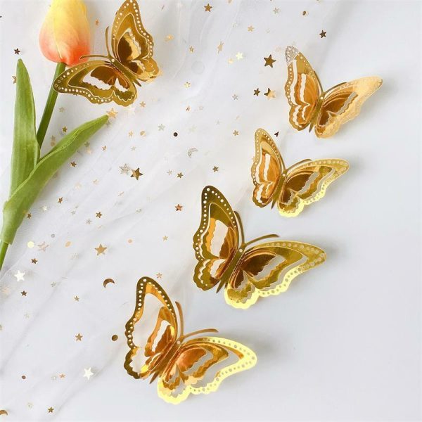 Wall Stickers |   3D Hollow Layered Butterfly Wall Stickers Golden Decorative Butterflies For Home Decor Fridge Diy Party Wedding Sticker Wall Stickers gold