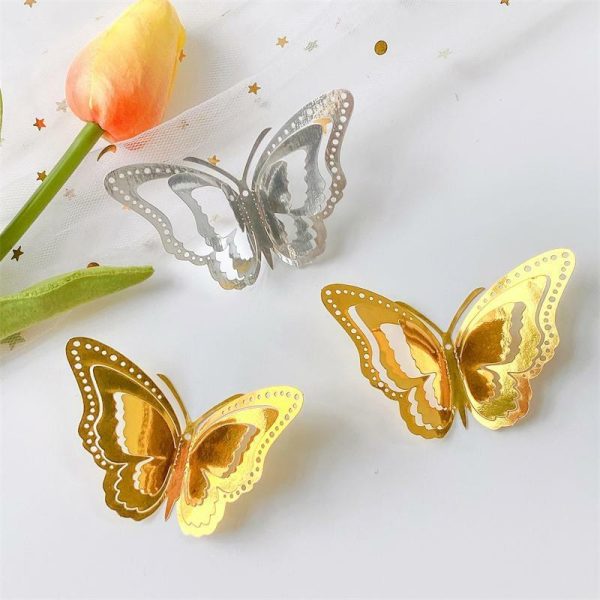 Wall Stickers |   3D Hollow Layered Butterfly Wall Stickers Golden Decorative Butterflies For Home Decor Fridge Diy Party Wedding Sticker Wall Stickers gold