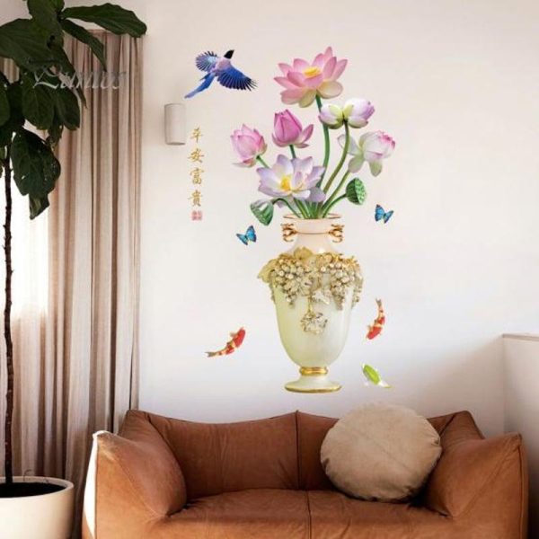 Wall Stickers |   3D Large Vase Wall Sticker Lotus Flower Decal Self-Adhesive Strong Stickiness Waterproof Pvc Sticker Wall Art Decoration Wall Stickers Wall Stickers