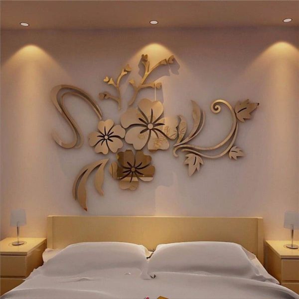 Wall Stickers |   3D Mirror Floral Art Removable Wall Sticker Acrylic Mural Decal Home Room Decor Wall Stickers gold