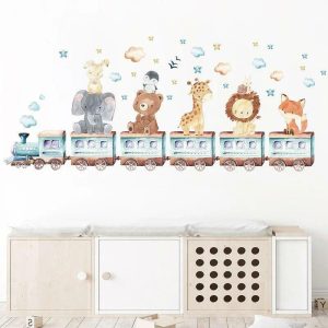 Wall Stickers |   Baby Room Wall Stickers Cartoon Animal Train Elephant Giraffe Wall Decals For Kids Room Nursery Room Bedroom Decals Wallpapper Wall Stickers as the picture