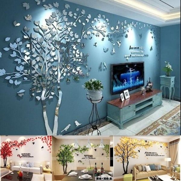 Wall Stickers |   Mirror Living Room Wall Stickers Tree  Stereo Tv Sofa Backdrop  Crystal Wall Stickers Affixed Wall Stickers blue