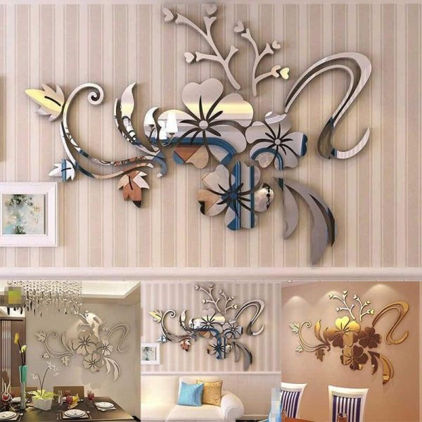 Wall Stickers |   Ramidos 3D Mirror Floral Art Removable Wall Sticker Acrylic Mural Decal Home Room Decor Wall Stickers gold