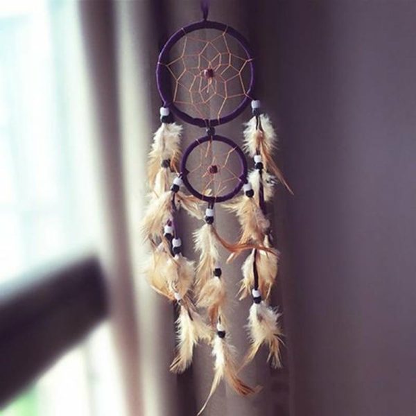 Wind Chimes & Hanging Decorations |   Double Circle Dream Catcher With Feathers Hanging Decoration Bedroom Ornament Wind Chimes & Hanging Decorations beige