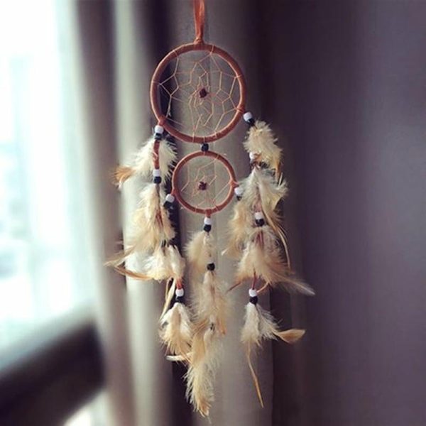 Wind Chimes & Hanging Decorations |   Double Circle Dream Catcher With Feathers Hanging Decoration Bedroom Ornament Wind Chimes & Hanging Decorations beige