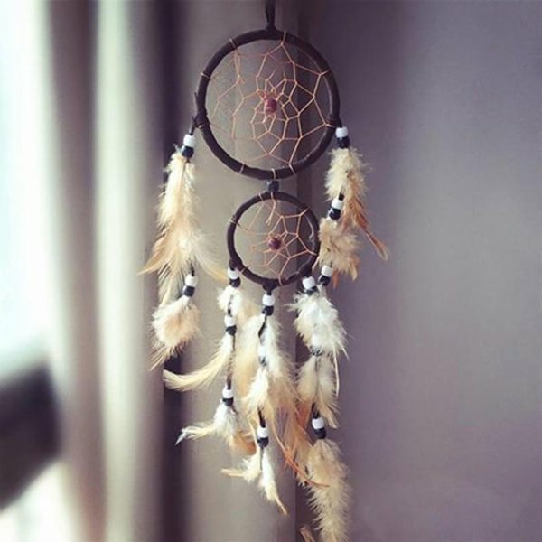 Wind Chimes & Hanging Decorations |   Double Circle Dream Catcher With Feathers Hanging Decoration Bedroom Ornament Wind Chimes & Hanging Decorations beige