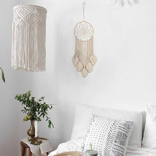 Wind Chimes & Hanging Decorations |   Dream Catchers Handmade Woven Dreamcatchers For Wall Hanging Decoration With Leaves Large Dream Wind Chimes & Hanging Decorations beige