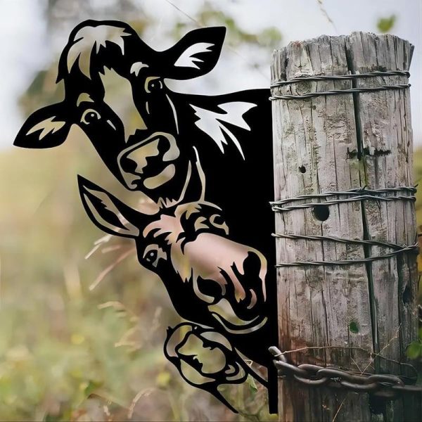 Wind Chimes & Hanging Decorations |   Farm Peeping Cow Metal Art Iron Garden Fence Decoration, Hanging Artworks Wall Decor Animals Sculpture Wind Chimes & Hanging Decorations black