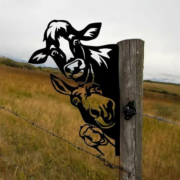 Wind Chimes & Hanging Decorations |   Farm Peeping Cow Metal Art Iron Garden Fence Decoration, Hanging Artworks Wall Decor Animals Sculpture Wind Chimes & Hanging Decorations black