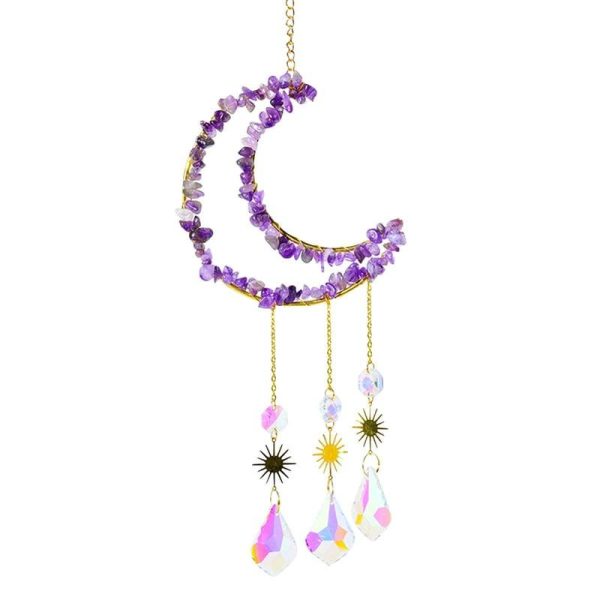 Wind Chimes & Hanging Decorations |   Natural Amethyst Gravel Moon Pendant Handwoven Catcher Wind Chime Lighting Pendant Decorative Gift Wind Chimes & Hanging Decorations blue